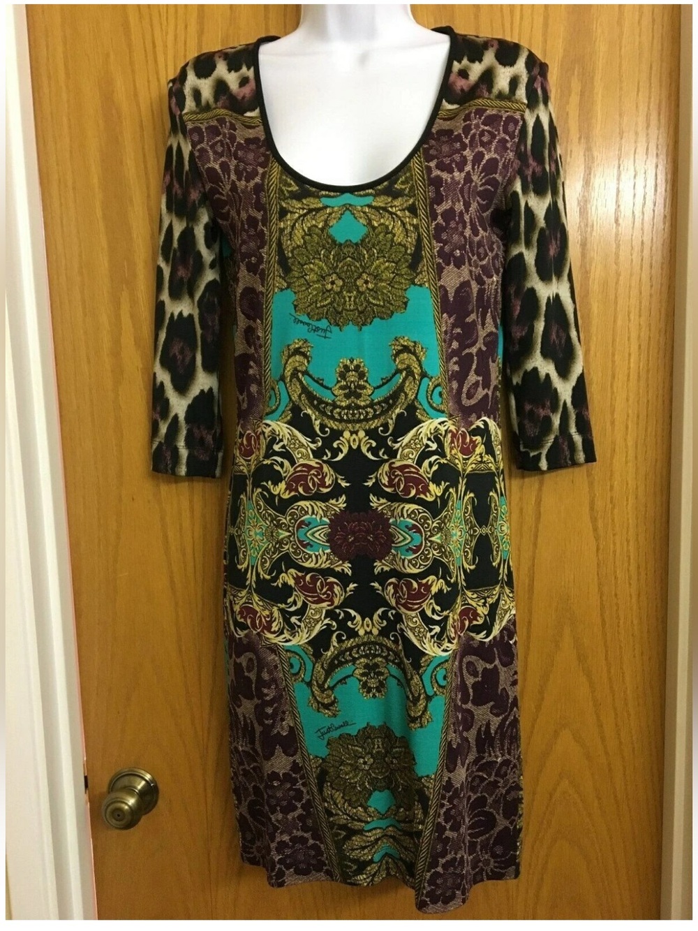Just Cavalli Women Dress Teal and Black Baroque Print Scoop Neck Size Medium